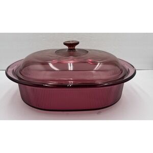 Vintage Corning Visions Cranberry Glass Oval Casserole Dish w Lid 4 Qt USA